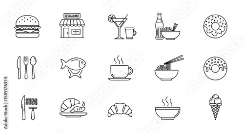 Food Icons: A curated collection of meticulously crafted line art icons, depicting everything from burgers and beverages to pastries and plates, perfect for menus, websites, and design projects.