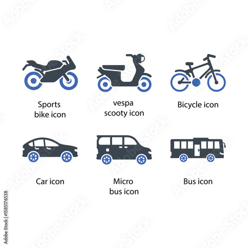 Sports bike, vespa scooty, Bicycle, Car, Micro bus, Bus, icon