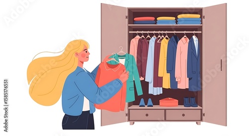 Woman Choosing Outfit From Wardrobe with Hanging Clothes