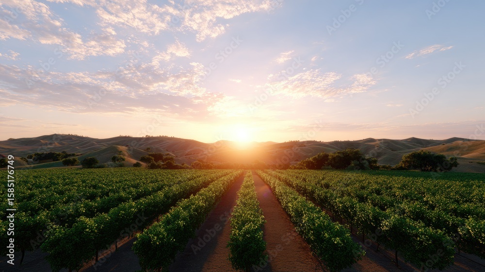 Fototapeta premium Breathtaking Sunrise Over Lush Vineyard Rows in Rolling Countryside Landscape with Warm Colors and Soft Clouds