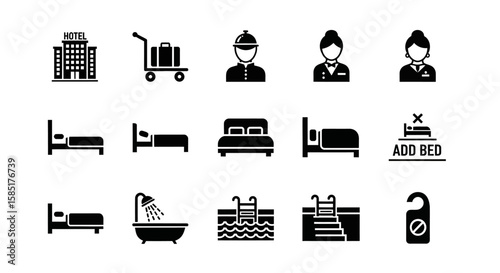 Hotel Icons Collection: A concise compilation of hotel-related icons, expertly illustrated in a minimalist style. Providing a range of visual representations for use in digital or print materials