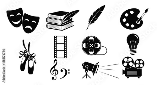 Arts and Creativity: A collection of artistic symbols are arranged, showcasing various forms of creative expression, from theater masks and literary works to film and music.