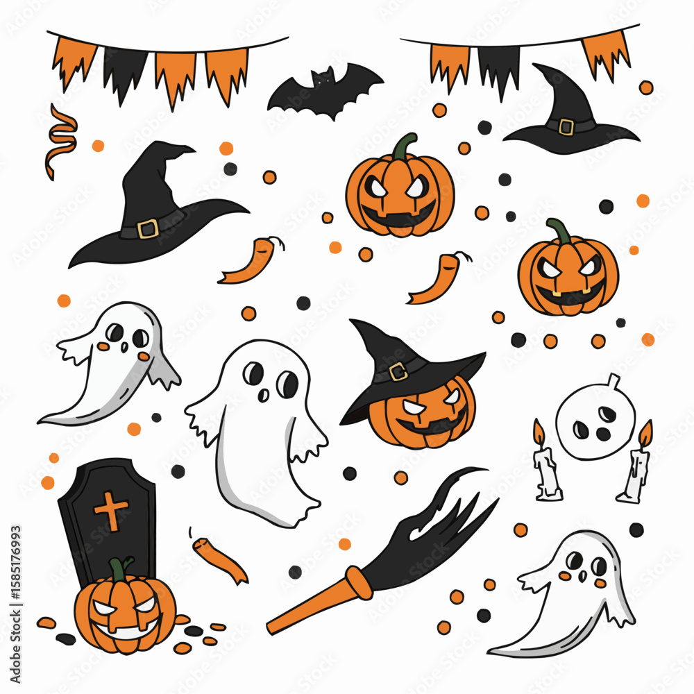 Fototapeta premium Halloween illustrations with pumpkins, ghosts, bats, and witch hats 