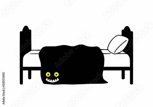 Monster hiding under bed with yellow eyes and playful smile  