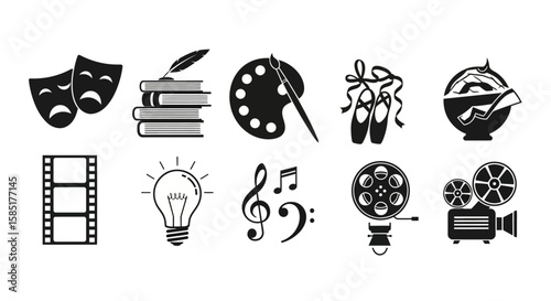 Arts and Creative Icons: A stylized monochrome collection of artistic icons representing various creative domains, perfect for design projects. 