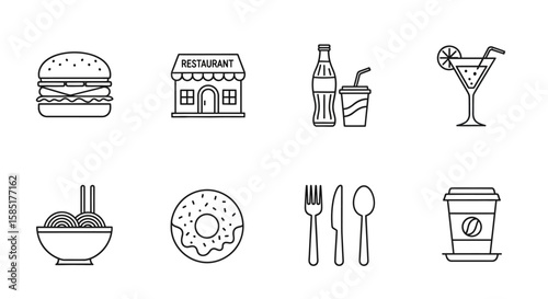 Essential Food Icons: A set of monochrome icons presenting diverse culinary items and establishment symbols, perfect for any menu, culinary blog, or design project. 