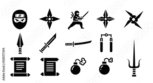 Ninja Warrior Icons: A set of bold black ninja warrior icons against a white background, showcasing various weapons, tools, and symbols of this enigmatic figure. 