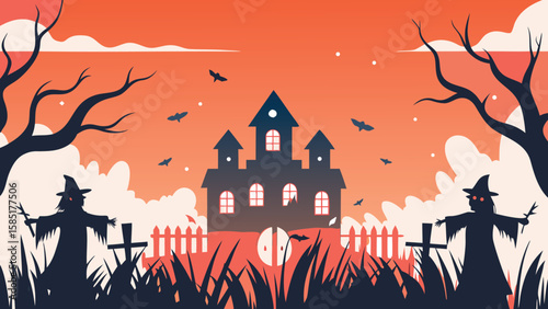 Halloween scene featuring a haunted house, scarecrows, bats, and an orange sky background with clouds