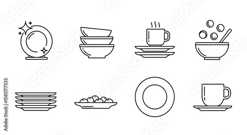 Plate & Cup Elements: Illustrative collection of plates and cups, essential tableware items presented in an artistic line-art style. 