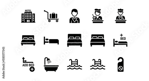 Hotel Icon Set: Clean, simple black-and-white hotel icons providing the basic elements of a hotel, including rooms, bed, reception and other hospitality symbols.