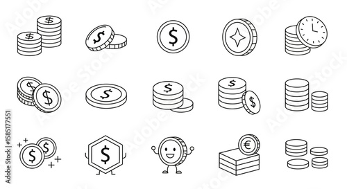 Monetary Icons: A monochromatic collection of line art featuring stacks of currency, depicting coins and various financial symbols, embodying value and exchange.