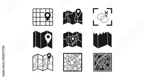 Navigation Icons Set: A comprehensive collection of illustrative navigation icons, representing different map styles and positioning elements.