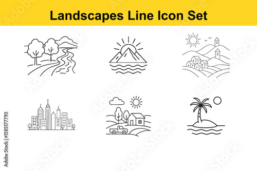 Landscapes Line Icon Set Featuring River Mountain Village City Farm and Tropical Island Scenes collection