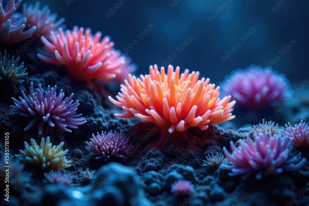 Fototapeta premium Glowing coral, bioluminescent algae, deep sea flora, underwater plant, glowing plant