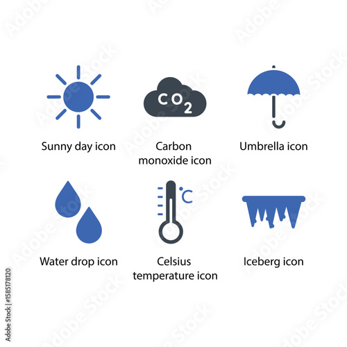 Sunny day, Carbon monoxide, Umbrella, Water drop, Celsius temperature, Iceberg, icon
