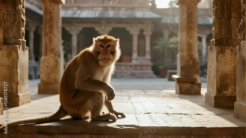 Majestic Monkey: Temple Courtyard Sunrise Serenity