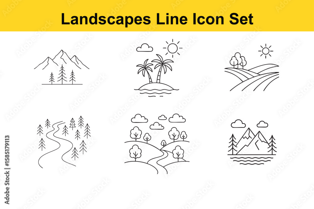 Fototapeta premium Landscapes Line Icon Set Featuring Mountains Trees Island River Clouds and Sun in a Minimalist Style