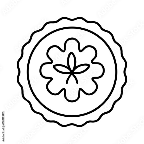 Floral emblem with wavy circle frame in black outline