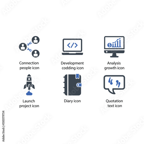 Connection people, Development codding, Analysis growth, Launch project, Diary, Quotation text, icon