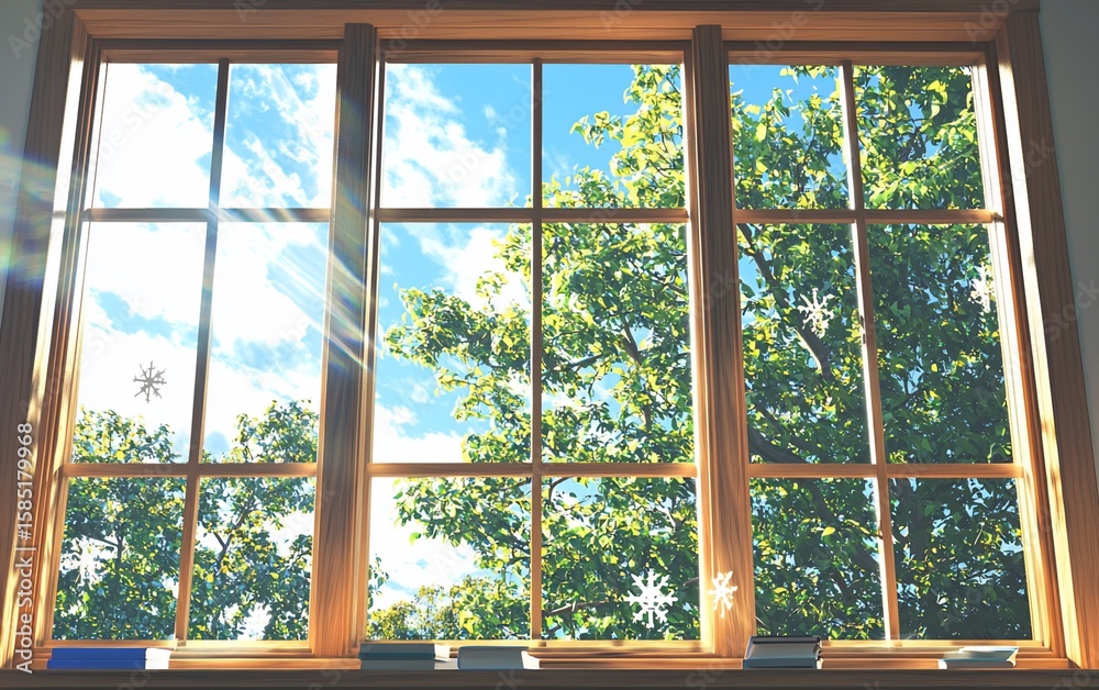 Fototapeta premium Sunlight Streams Through Window, Illuminating Trees and Snowflake Decorations, Books Below