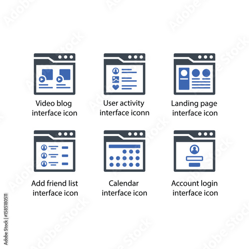 Video blog, User activity, Landing page, Add friend list, Calendar, Account login, icon
