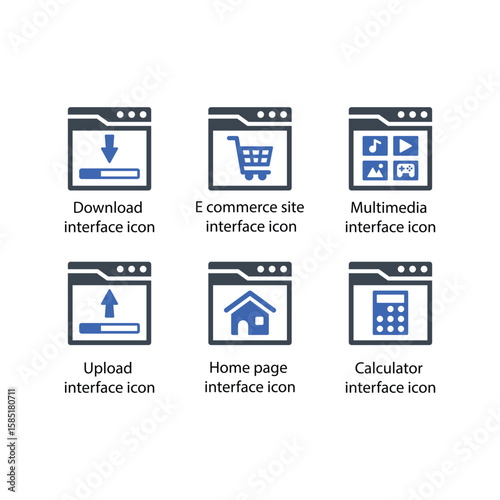 Download, E commerce site, Multimedia, Upload, Home page, Calculator, icon