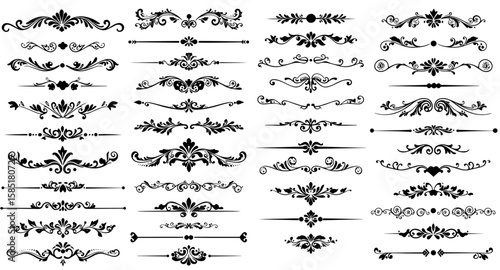 Elegant Black Floral  Swirl Page Dividers, Borders  Decorative Flourish Elements Collection