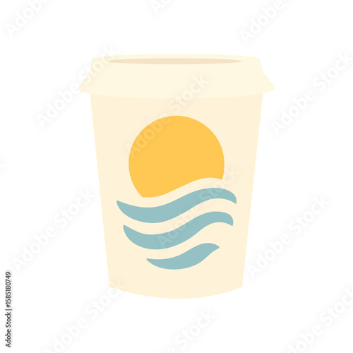 Disposable coffee cup with sun and sea wave symbol on light background, minimal summer beverage concept.
