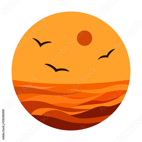 Minimal round icon with sunset over ocean, flying birds and stylized waves in warm orange color palette isolated on white background.