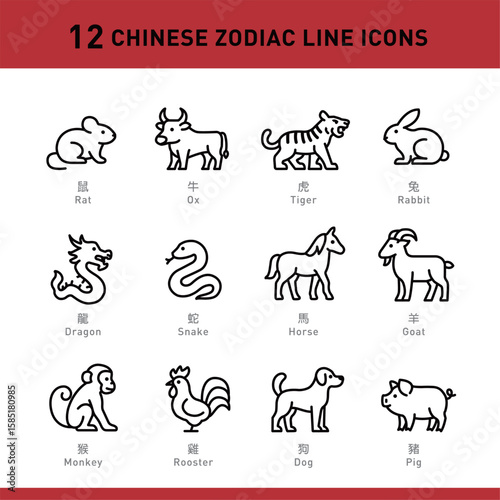 A minimal line icon set of the 12 Chinese zodiac animals. Perfect for festive designs, culture themes, cards, and education.