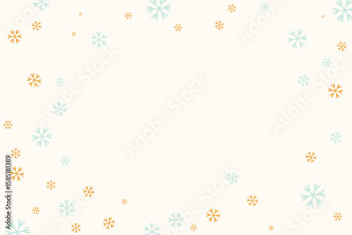 Greeting card template with a soft cream background and elegant blue and golden snowflakes forming a delicate border around the edges, perfect for winter holidays, Christmas, or New Year designs.