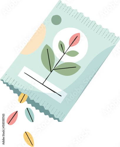 Light teal seed packet spilling colorful seeds, featuring a stylized plant design.