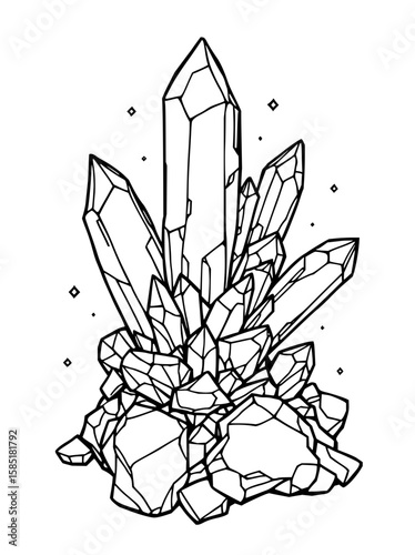 Minimilist illustration of a cluster of crystals with sharp edges and a few small diamond shapes around it vector