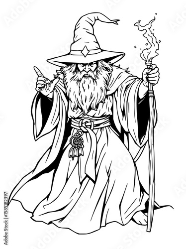 Minimilist line art depiction of a wizard with a staff and pointed hat in a black and white illustration style vector