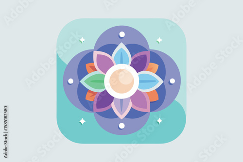 Colorful flat design mandala style floral element featuring stylized petals and soothing pastel tones.