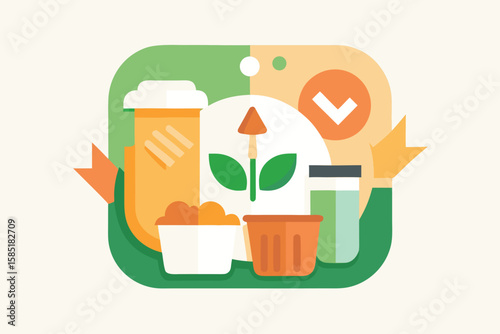 Colorful illustration of plant care and garden elements like seedlings and fertilizers in a flat design