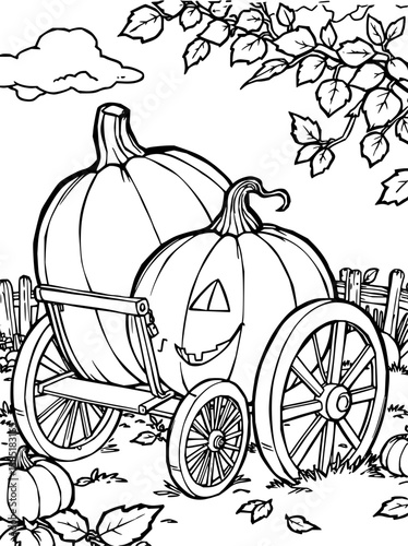 Minimilist illustration of pumpkins in a wagon with leaves and a cloud in a black and white coloring page vector