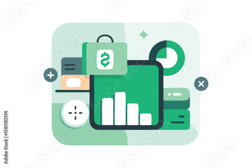 Digital finance and accounting illustration displaying data analysis charts and financial elements for business profitability.