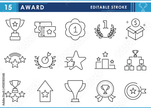 A set of line icons related to Award. Trophy, gift, first, winner, star, and so on. Vector editable stroke.
