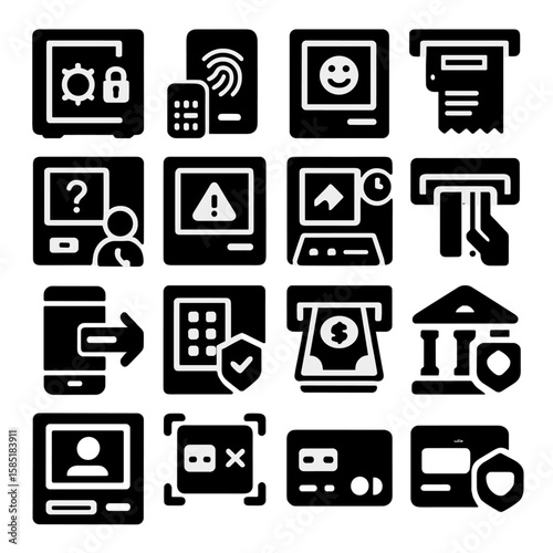 ATM Icon Set. Solid style icons of ATM and banking: ATM safe unlock icon, ATM card with biometric chip, ATM displaying thank you