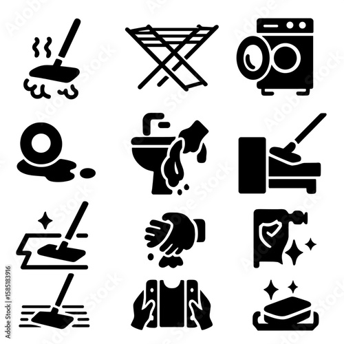 Home Cleaning Icons. Solid style icons of home cleaning: steam coming from mop head, folding drying rack icon, washing machine