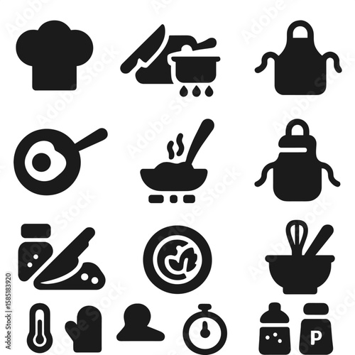Culinary Icon Collection. Solid style icons of culinary: chef’s hat icon, kitchen knife on cutting board, boiling pot on stove,