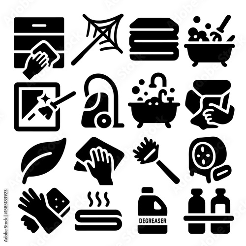 Home Cleaning Icons. Solid style icons of home cleaning: drawer dusting symbol, wall corner spiderweb remover, folded sheets icon,