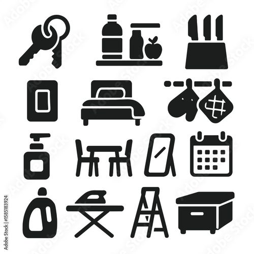 Solid Home Essentials Icons. Solid style icons of home essentials: house keys icon, water bottle on shelf, refrigerator shelf