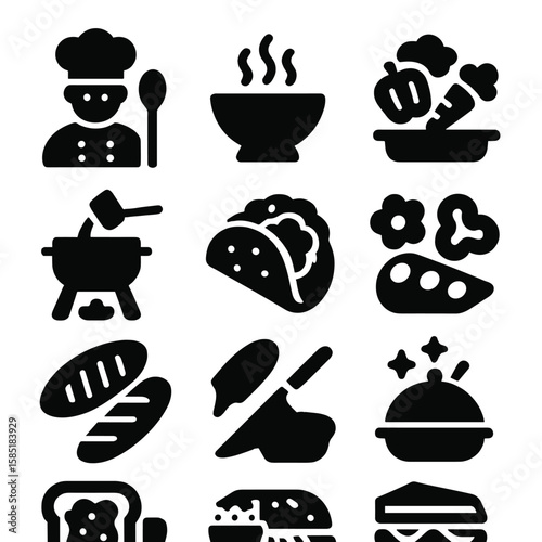 Culinary Icon Collection. Solid style icons of culinary: chef with spoon, steam clouds over bowl, roasted vegetables on tray,
