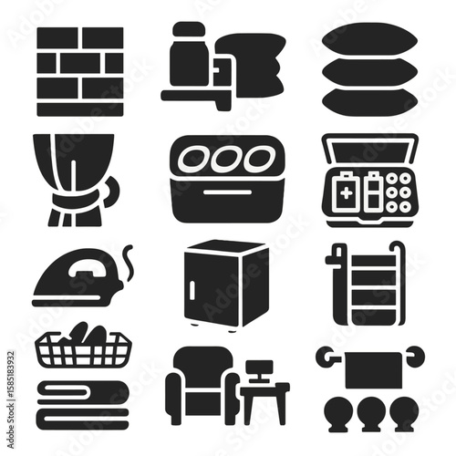 Home Essentials Icons. Solid style icons of home essentials: kitchen backsplash tile icon, wall-mounted spice jar, throw pillow