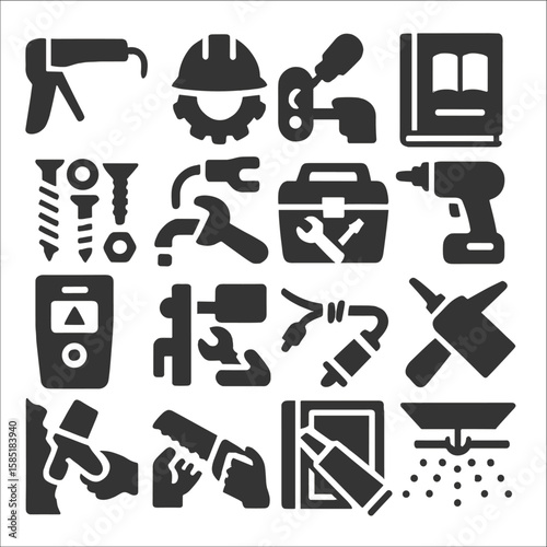 DIY Home Improvement Icons. Solid style icons of DIY home improvement: caulk line icon, hard hat with gear, door lock replacement,