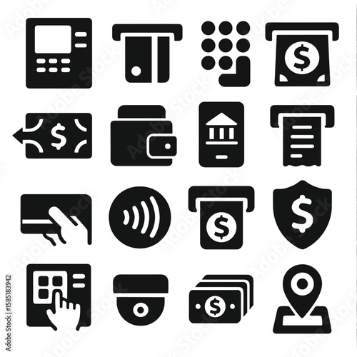 Banking Icons Collection. Solid style icons of ATM and banking: ATM machine front view, credit card inserted into ATM, PIN pad