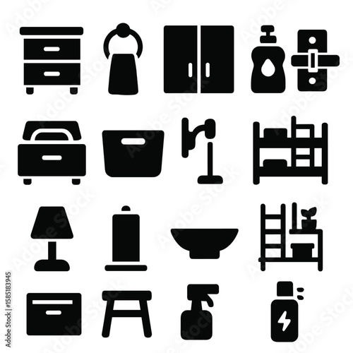 Home Essentials Icons. Solid style icons of home essentials: nightstand drawer unit, hand towel on ring, kitchen cabinet with