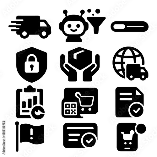 E-commerce Icon Set. Solid style icons of shopping and e-commerce: express shipping icon, e-commerce chatbot avatar, sales funnel